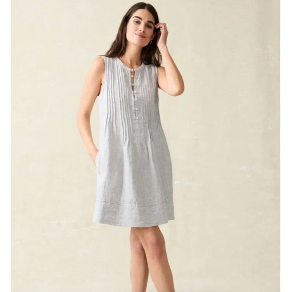 Faherty Isha Dress in Blue Mini Stripe 100% linen EUC Sz XS